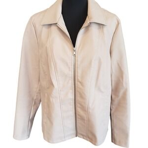 Baccini Womens Cream Faux Vegan Leather Full Zip‎ Moto Jacket Size L Beige Lined